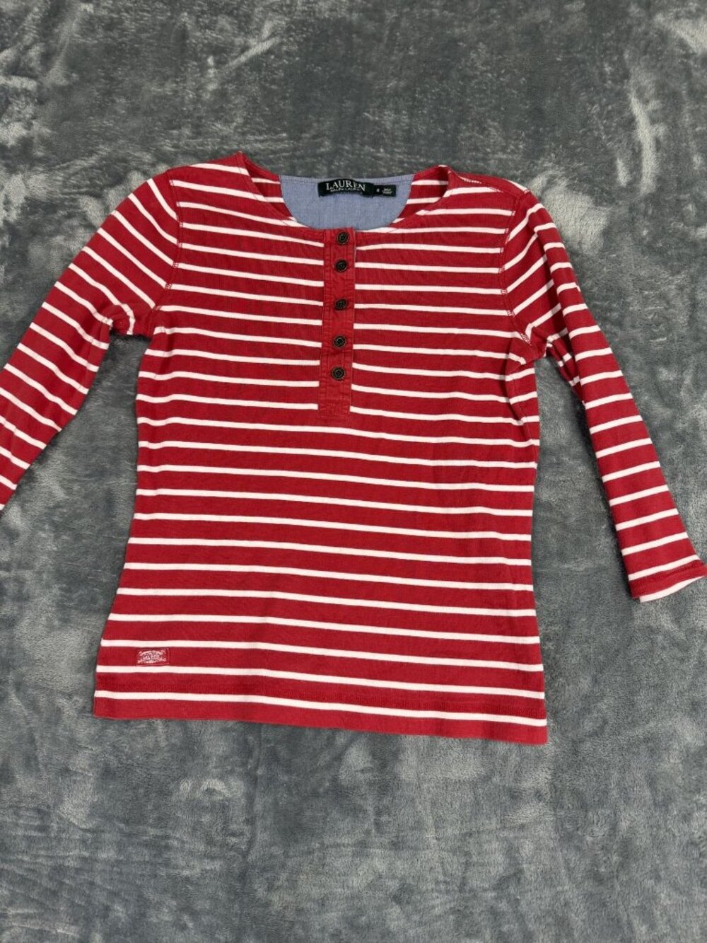 Lauren Ralph Lauren Womens Red & White Striped Henley 3/4 Sleeve Top S